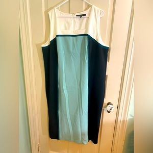 White House Black Market 20W Color Block Dress teal Navy blue cream